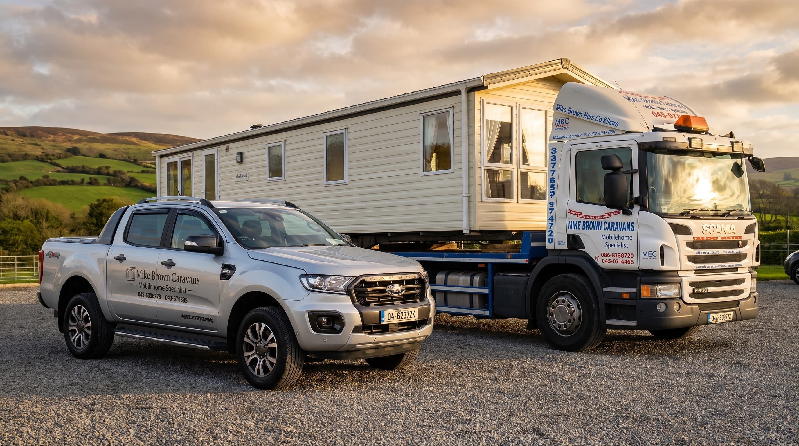Mike Brown Caravans delivery truck loaded with a mobile home